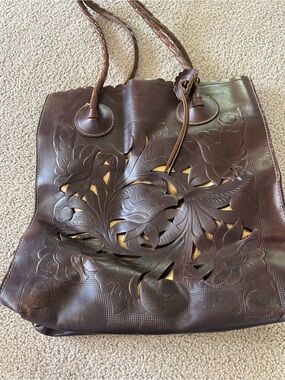 Patricia Nash Cavo Tote Handcrafted Brown Floral Cutout Leather Tote